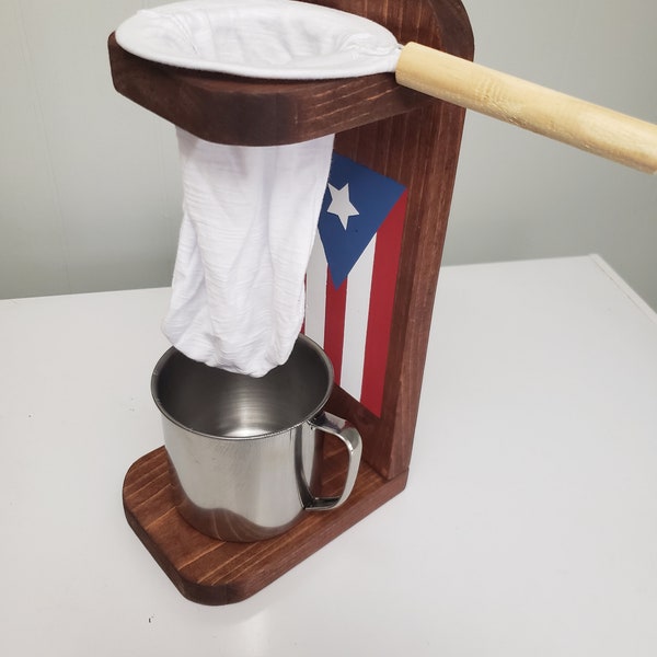 Handmade Wood Coffee Strainer with Puerto Rico Flag