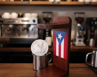 Handmade Wood Coffee Strainer with Puerto Rico Flag