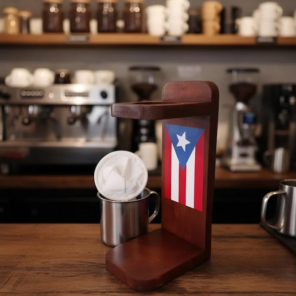 Handmade Wood Coffee Strainer with Puerto Rico Flag