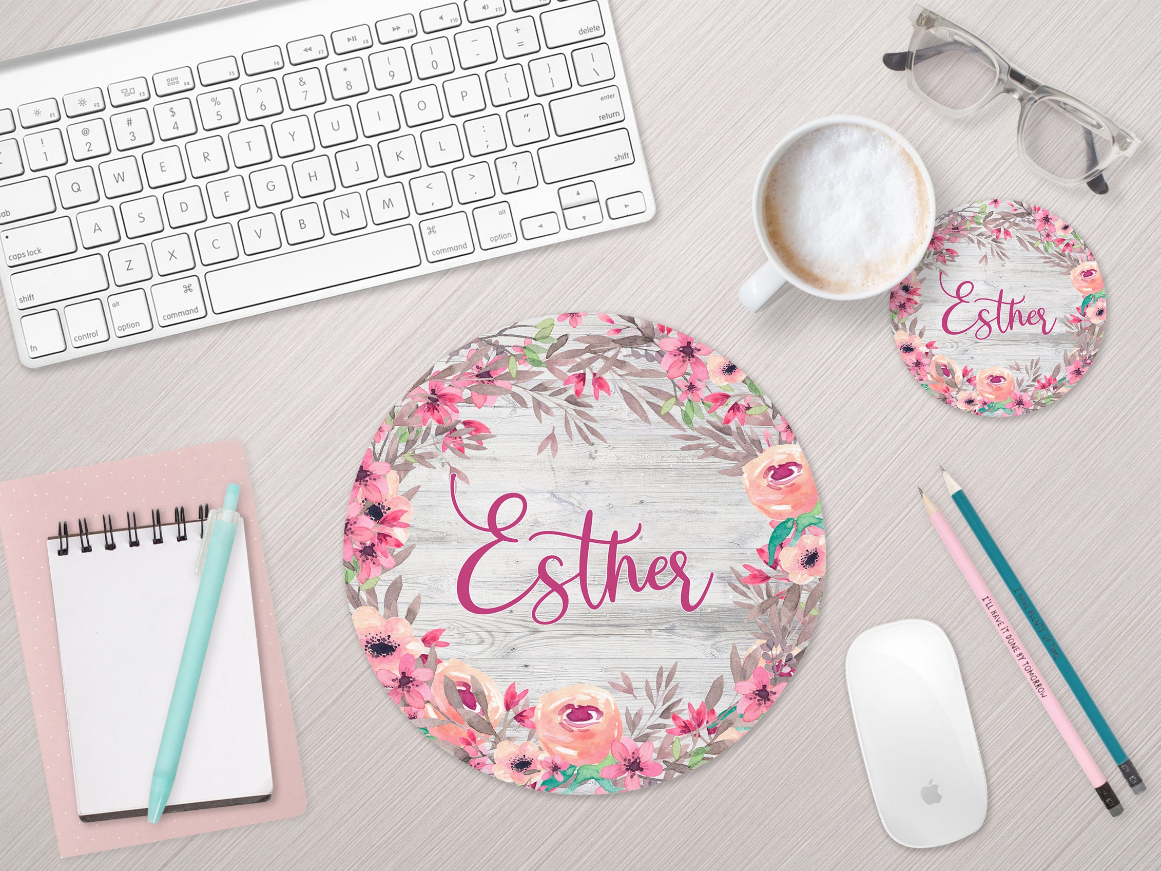Personalized Mousepad And Coaster Set Watercolor Floral Desk Etsy