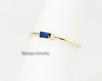 Minimalist Solid 14K Yellow Gold Ring Lab-Grown Sapphire. Solid Gold Baguette Sapphire Blue Ring, September Birthstone Ring, Mom Gift. A746