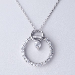 Sterling Silver Circle Necklace - Valentines Gift Idea - Circle Necklace for Her, Mom, Fiancé -Circle Pendant with Dangling CZ Gem. #N-4