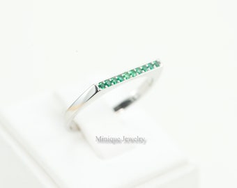 Geometric May Birthstone Stacking Ring, Bar Ring, Dainty Minimalist Ring, Sterling Silver Flat Top with Emerald Color CZ Ring. May Gemstone