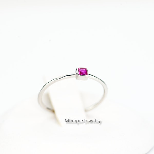 Super Tiny Dainty Minimalist Sterling Silver Ring. Ruby Red July Birthstone. Personalized  Ultra Thin Stack Rings. Christmas Gift. #630
