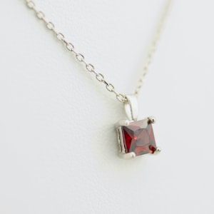 Garnet Deep Red Color CZ Necklace, January Birthstone Jewelry, Square Princess Cut Gem, 925 Sterling Silver, Solitaire Pendant Christmas