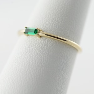 Minimalist Solid 14K Yellow Gold Ring Emerald.  Solid Gold Baguette Lab-grown Emerald Green Ring - May Birthstone Ring, Christmas Gift! #741