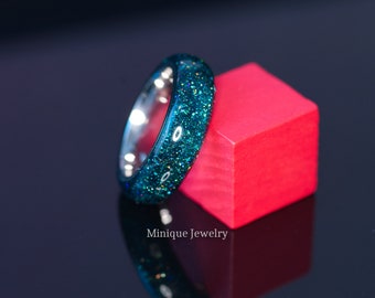 Tief Glitzernder Acryl Ring, Echter Diamantstaub, Edelstahl Comfort Fit Band 3, 5, 8 & 10 mm Breit, Geschenk für Sie oder Ihn, Resin Ring