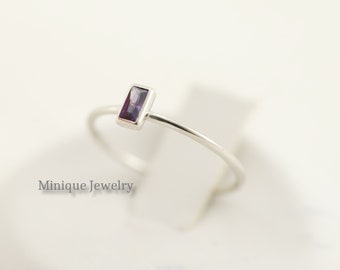Amethyst Dainty Simple Baguette Stacking Ring, Sterling Silver Minimalist Ring, Ultra Thin Simple Amethyst Ring, February Birthstone Ring