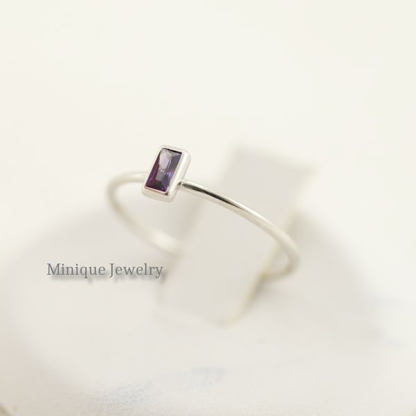 Amethyst Dainty Simple Baguette Stacking Ring, Sterling Silver Minimalist Ring, Ultra Thin Simple Amethyst Ring, February Birthstone Ring