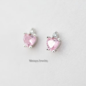 Pink Tourmaline Heart Shaped Earrings, October Birthstone earring, Sterling Silver, Simple Stud Earring, Tourmaline Stud Earring, Heart Stud