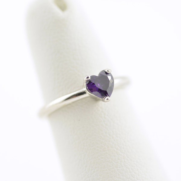 Minimalist Sterling Silver Ring. Amethyst Purple Gem, Heart Shaped Ring. February Birthstone Ring. Dainty, Stack. For Mom, Girlfriend, You!