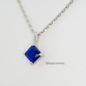Blue Sapphire CZ Gemstone Necklace, Princess Cut, Square, September Birthstone Pendant Gift, 925 Sterling Silver, Solitaire Sapphire Pendant