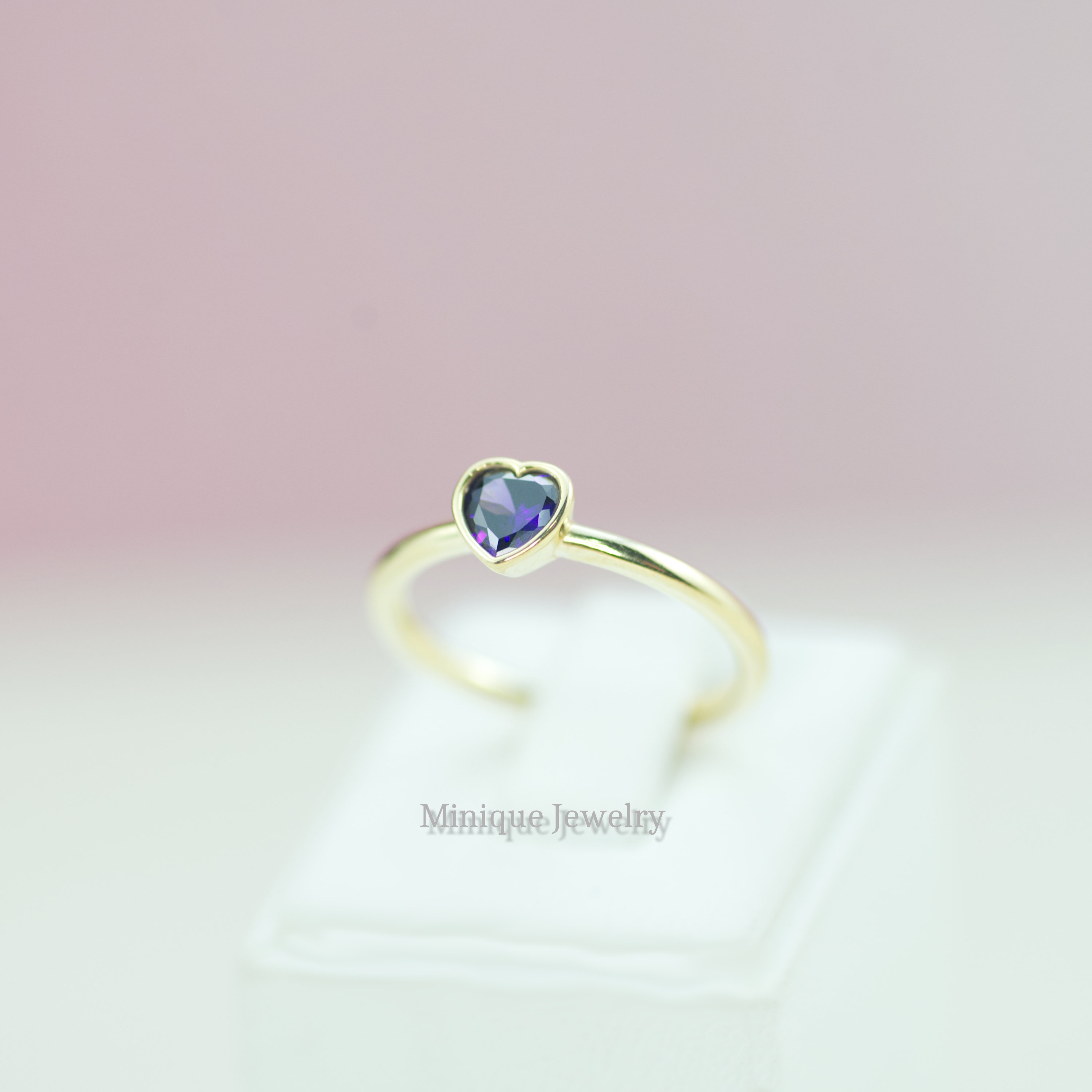 February Rings Heart Shaped Amethyst Gold Ring, February Birthstone Ring, Minimalist ...