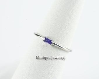 Sterling Silver Baguette Ring, Amethyst CZ Stacking Ring, Birthday Gift, Purple Gem Ring, Dainty Silver Ring