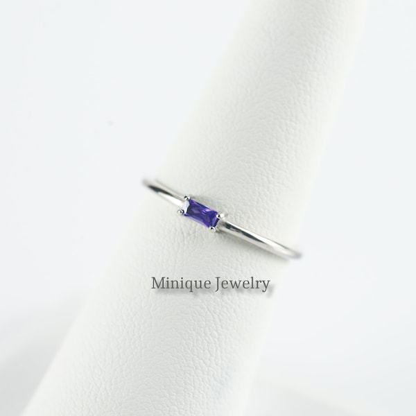 Amethyst Dainty Simple Baguette Stacking Ring, Thin Sterling Silver Minimalist Ring, February Birthstone Ring, Mother's Day, Christmas Gift