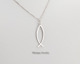 Minimalist Ichthus Necklace, Sterling Silver Ichthus Pendant, Christian Ichthus Pendant, Jesus Fish Symbol, Gift for her, him, Christians