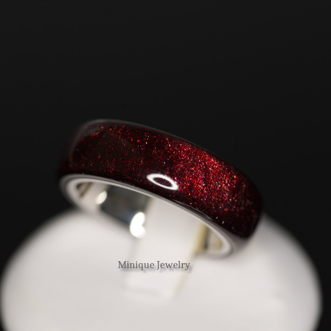 Deep Glittery Red Acrylic Ring With Real Diamond Dust, Stainless Steel ...
