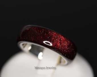 Deep Glittery Red Acrylic Ring with Real Diamond Dust, Stainless Steel Comfort Fit Band 3, 5, 8 & 10mm Wide, Gift for Him or Her, Resin Ring