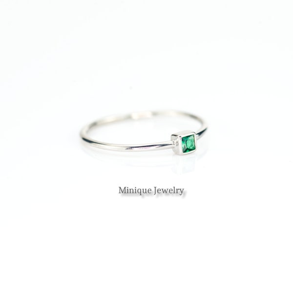 May Birthstone Stacking Ring. Dainty Minimalist Sterling Silver. Personalized Tiny, Ultra Thin, emerald Stack Rings. Christmas Gift. #628