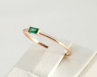 Dainty Emerald Ring, Emerald Simple Baguette Stacking Ring, Gold, Rose Gold Minimalist Ring, Thin Sterling Silver Ring, Christmas Gift