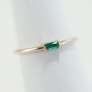 Minimalist Solid 14K Rose Gold Ring Emerald.  Solid Gold Baguette Emerald Green Ring - May Birthstone Ring, Christmas Gift!