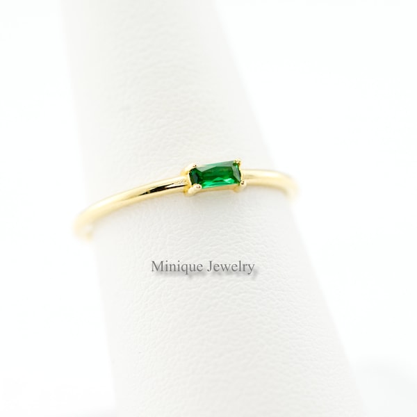 Emerald Dainty Simple Baguette Stacking Ring, Yellow Gold Minimalist Ring, Emerald Ring, Sterling Silver Ring, Thin Ring, Bridesmaids Gift