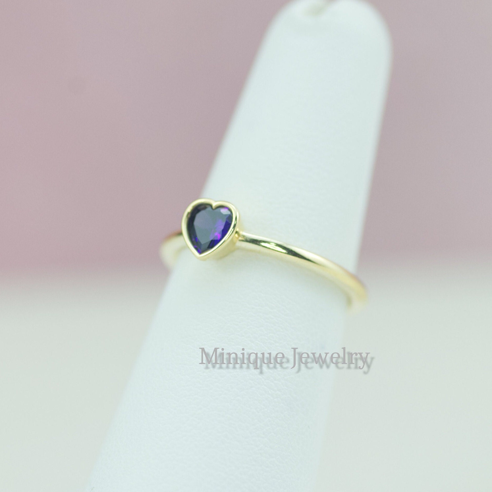 February Rings Heart Shaped Amethyst Gold Ring, February Birthstone Ring, Minimalist ...