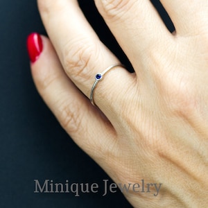 Super Tiny Dainty Minimalist Sterling Silver Ring. Sapphire Blue September Birthstone. Personalized  Ultra Thin Stack Rings. Christmas Gift.