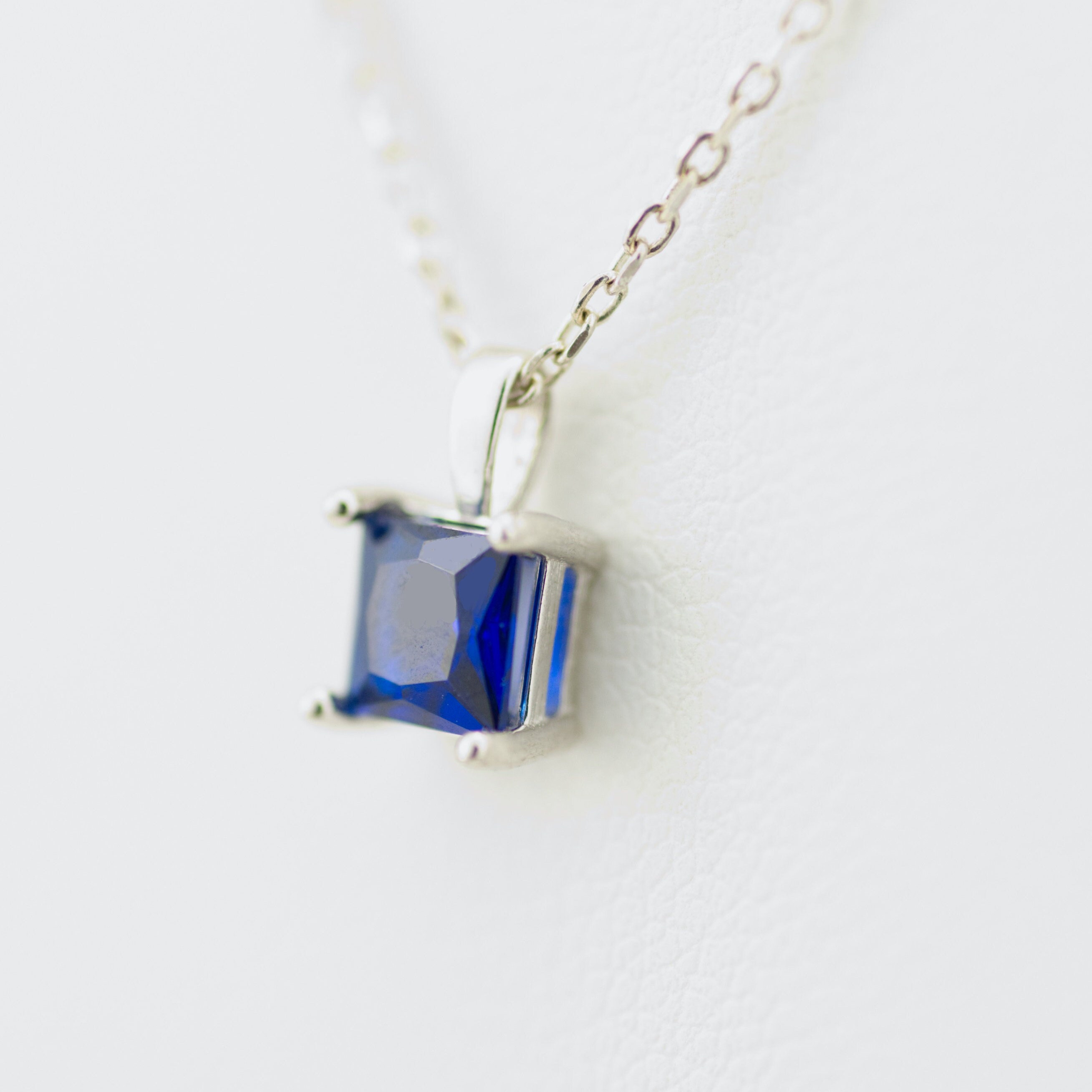 Blue Sapphire CZ Gemstone Necklace Princess Cut Square