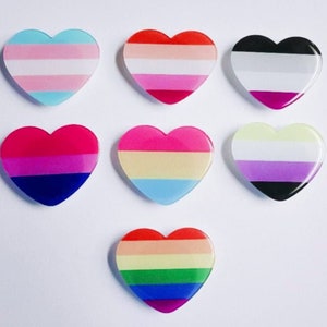 K&ouml;nnte beinhalten: Sieben herzf&ouml;rmige Pins mit verschiedenen Designs von Pride-Flaggen. Die Flaggen umfassen die Transgender-, Lesben-, Bi-, Pan-, Genderqueer-, Asexual- und Regenbogen-Pride-Flaggen.