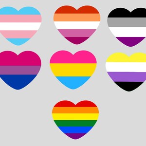 K&ouml;nnte beinhalten: Neun herzf&ouml;rmige Flaggen, die verschiedene sexuelle Orientierungen und Geschlechtsidentit&auml;ten repr&auml;sentieren. Die Flaggen sind in drei Reihen angeordnet, wobei die Regenbogen-Pride-Flagge unten ist.