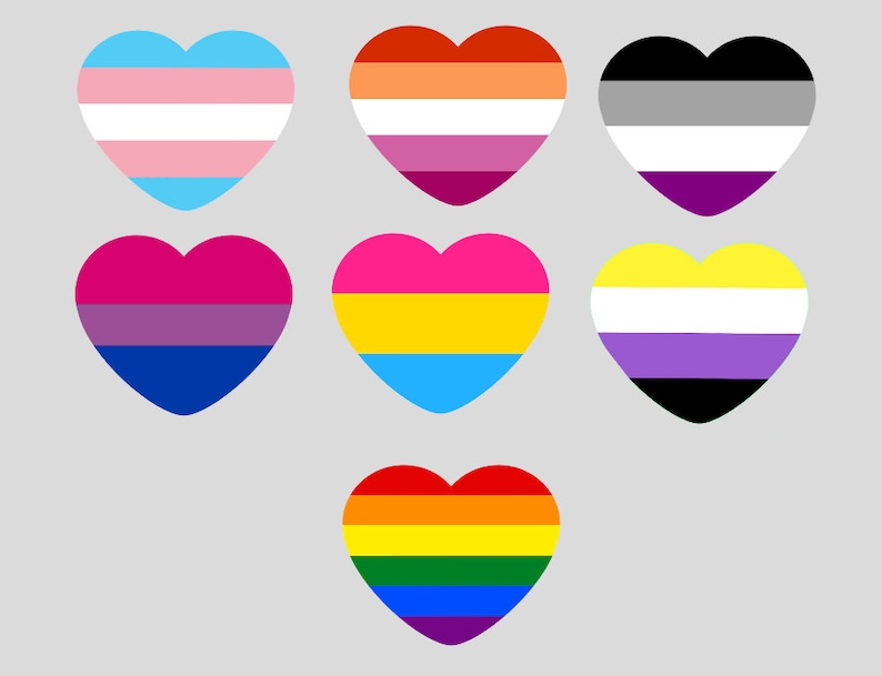 K&ouml;nnte beinhalten: Neun herzf&ouml;rmige Flaggen, die verschiedene sexuelle Orientierungen und Geschlechtsidentit&auml;ten repr&auml;sentieren. Die Flaggen sind in drei Reihen angeordnet, wobei die Regenbogen-Pride-Flagge unten ist.