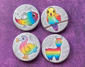 Rainbow Animal Pin Button Badges - cute - handmade - digital art - illustrated - accessory - collectable - wildlife - colourful
