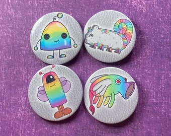 Rainbow Monsters Pin Button Badges - cute - handmade - digital art - illustrated - accessory - collectable - creatures - fantasy
