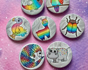 Rainbow Animals Badges Kawaii Cute Handmade Digital Art Buttons Pins Illustrated Creatures Adorable ROYGBIV Stylised Dodo Pangolin Llama Fun