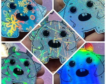 Holo Monsters Five Styles Die Cut Stickers Kawaii Cute Handmade Digital Art Rainbow Laptop Sticker Illustrated Holographic Shiny Options Fun