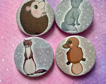 Wild Life Animals Badges Kawaii Cute Handmade Digital Art Buttons Pins Illustrated Animals Adorable Pinback Hedgehog Platypus Wolf Weasel