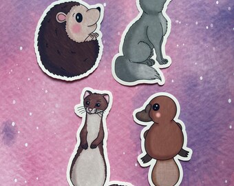 Wild Life Animals Die Cut Stickers Kawaii Cute Handmade Digital Art Laptop Decal Illustrated Animals Adorable Hedgehog Platypus Wolf Weasel