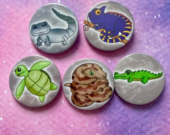 Reptiles and Amphibians Badges Kawaii Cute Handmade Digital Art Button Pins Illustrated Creatures Gecko Crocodile Pinback Snek Snake Turtle