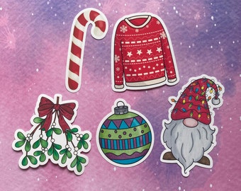 Christmas Die Cut Stickers Seasonal Cute Handmade Digital Art Laptop Sticker Illustrated Holidays Festive Candy Cane Mistletoe Gonk Ornament