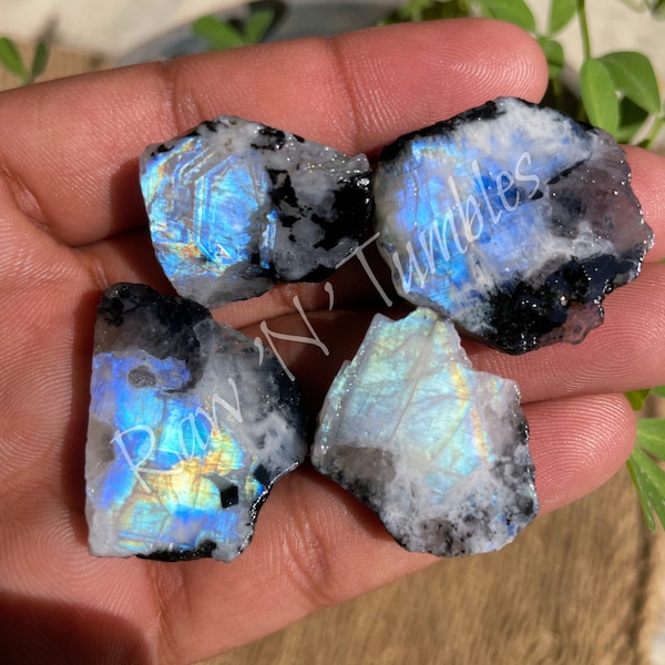 Genuine Raw Rainbow Moonstone rough Natural blue moonstone ( White Labradorite ) front flat chunk moonstone crystal multi and blue flash