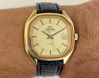 Vintage Fortis Swiss Quartz Watch, Gold Dress Watch with Date