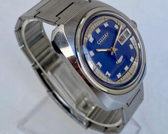 Vintage CITIZEN Watch Mens Automatic 21 Jewels Day Date Blue Dial