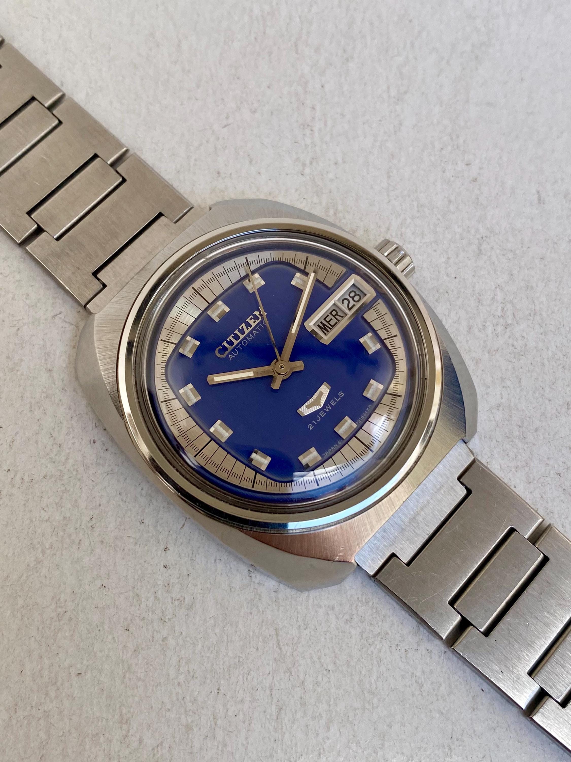 Vintage CITIZEN Watch Mens Automatic 21 Jewels Day Date Blue Dial
