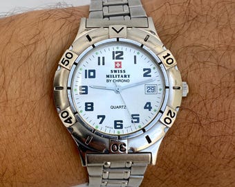 Reloj militar suizo vintage Chrono para hombre, de cuarzo, fabricado en Suiza