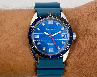 Vintage THERMIDOR Skin Diver Watch Men’s Automatic Incabloc Date Blue Dial Swiss Made