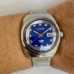 Reloj CITIZEN vintage para hombre, automático, 21 joyas, día y fecha, esfera azul, fabricado en Japón.