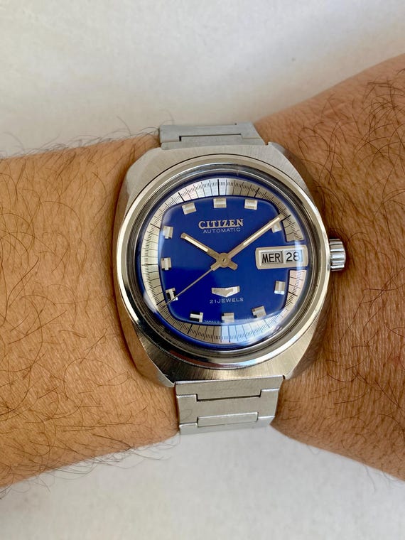 Vintage CITIZEN Watch Mens Automatic 21 Jewels Day Date Blue