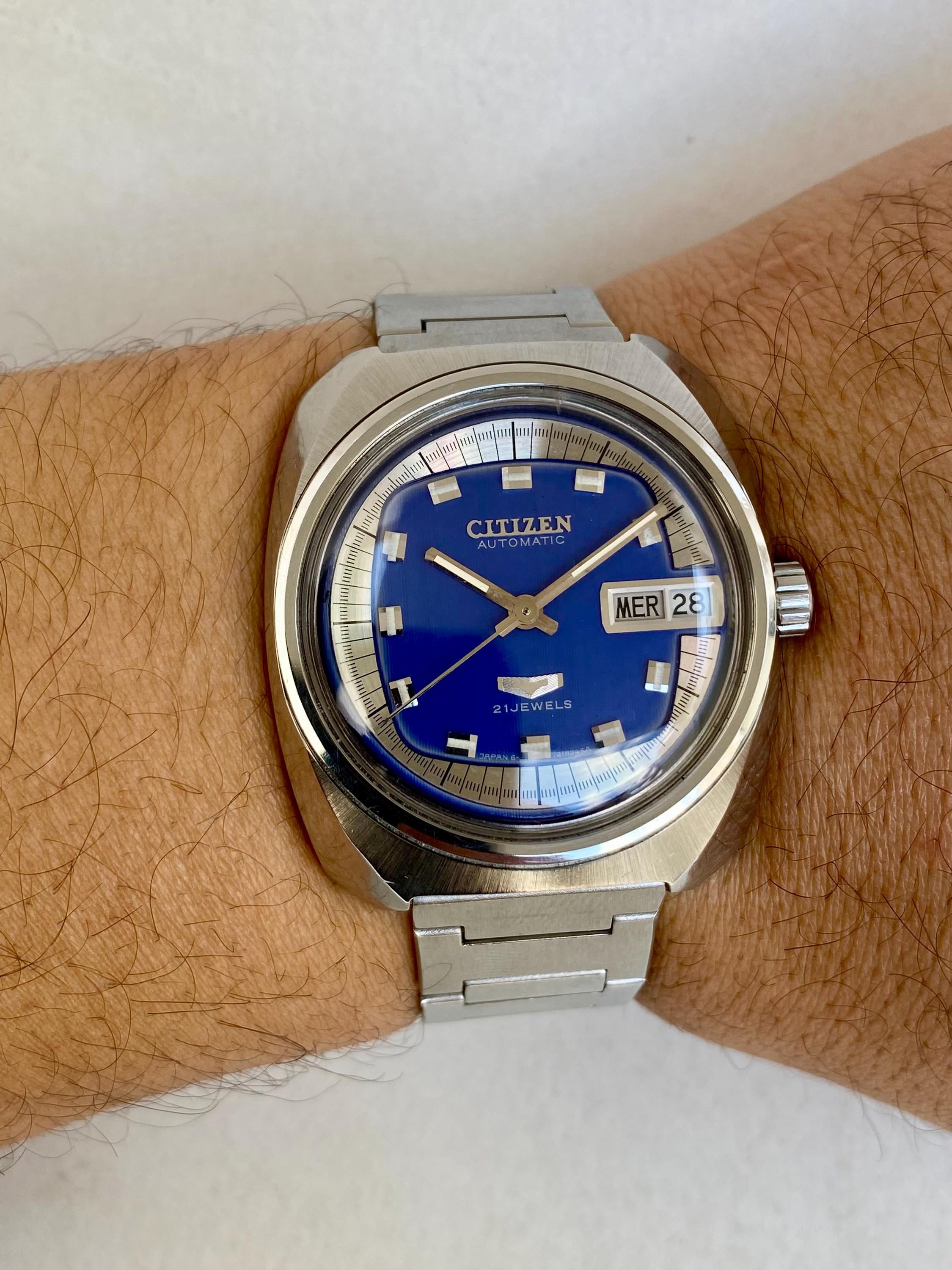 ビンテージ CITIZEN AUTOMATIC 21石 ブルー文字盤 美品 Vintage CITIZEN Watch Mens Automatic 21 Jewels Day Date Blue