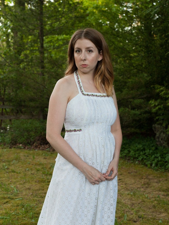 vintage 1970s halter wedding dress, eyelet embroid